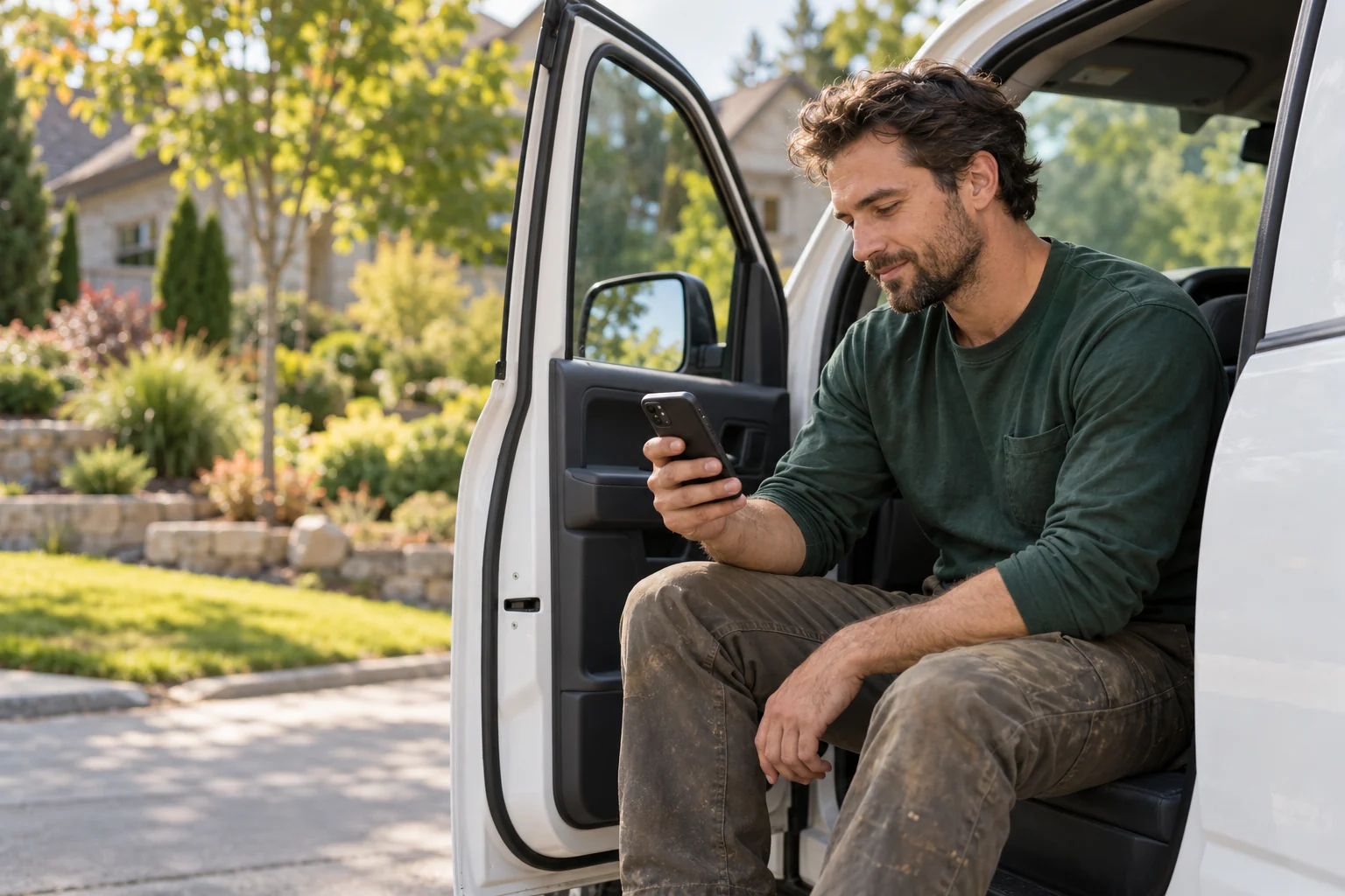 Illustration of a landscaping owner checking a phone in a parked work truck